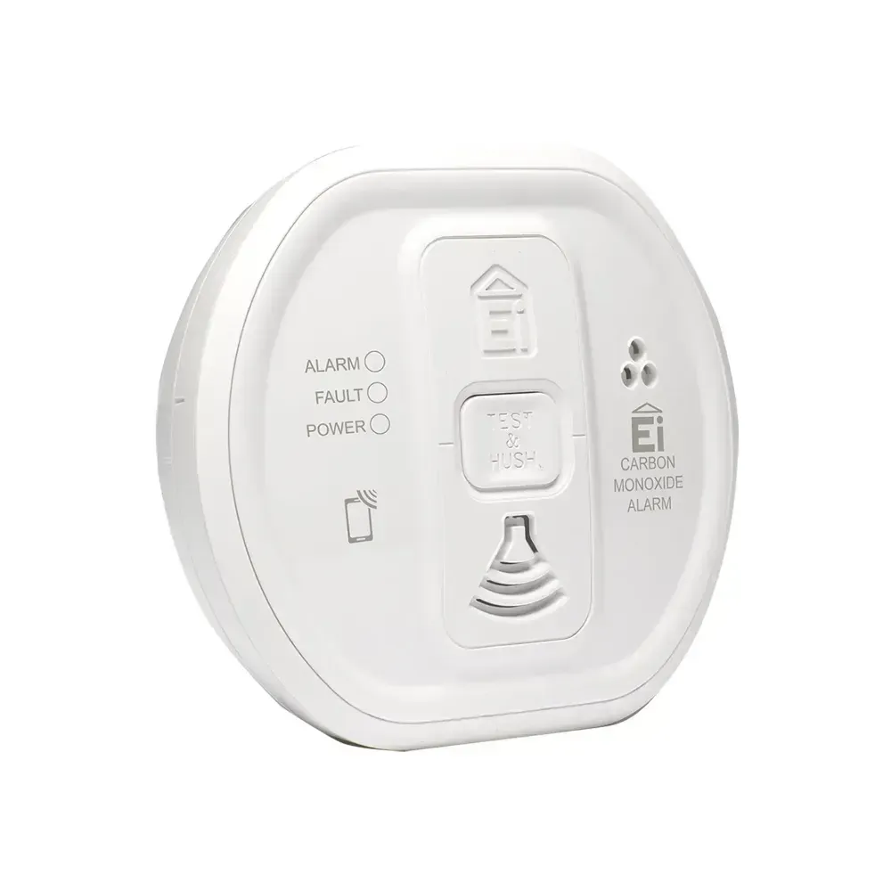 Battery-operated Ei208 CO alarm with electrochemical sensor, 10-year battery.