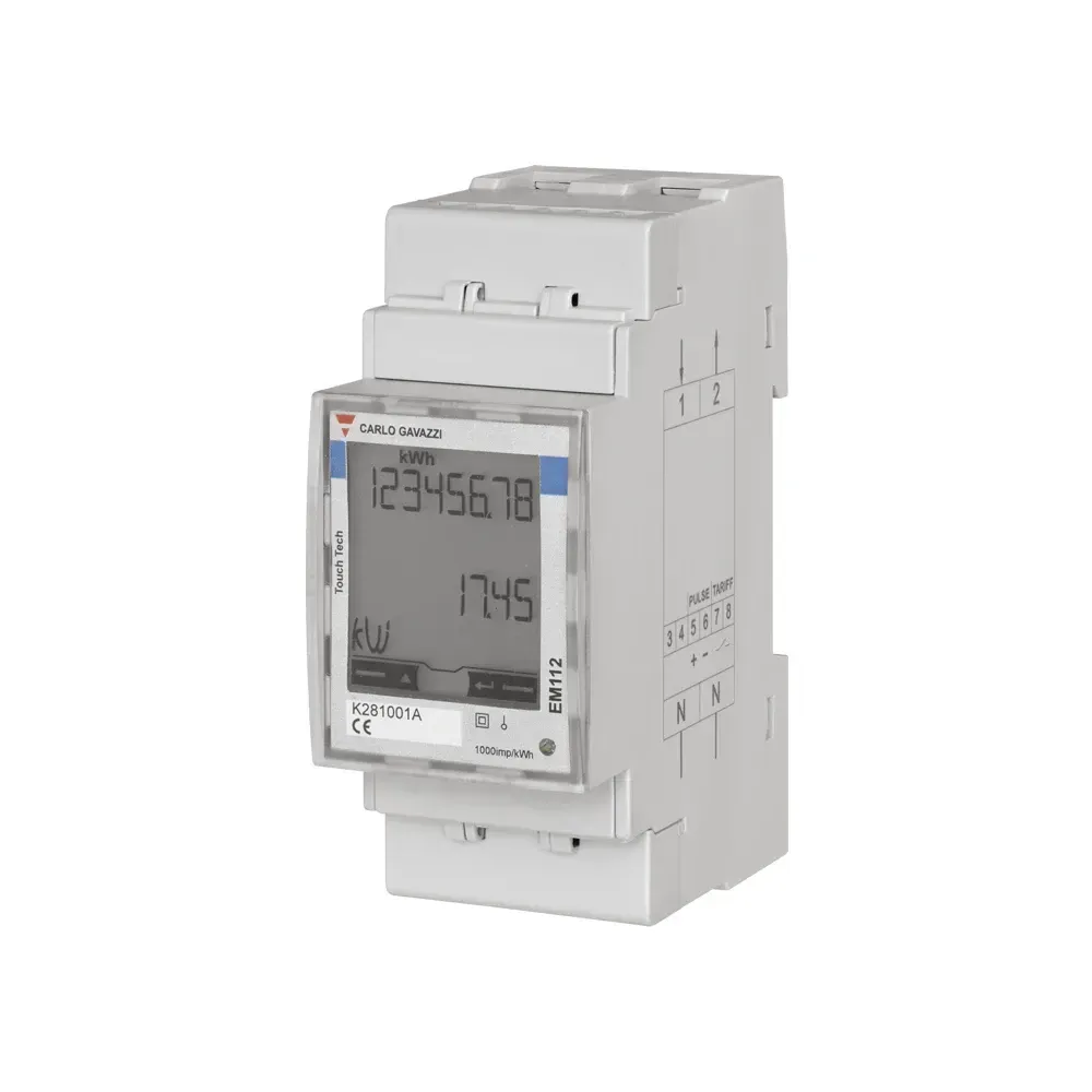 Carlo Gavazzi EM112 energy analyzer showing the backlit LCD display and touch keypad