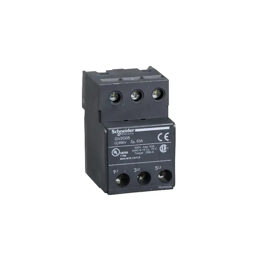 GV2G05 terminal block with screw clamp terminals for solid and flexible cables.