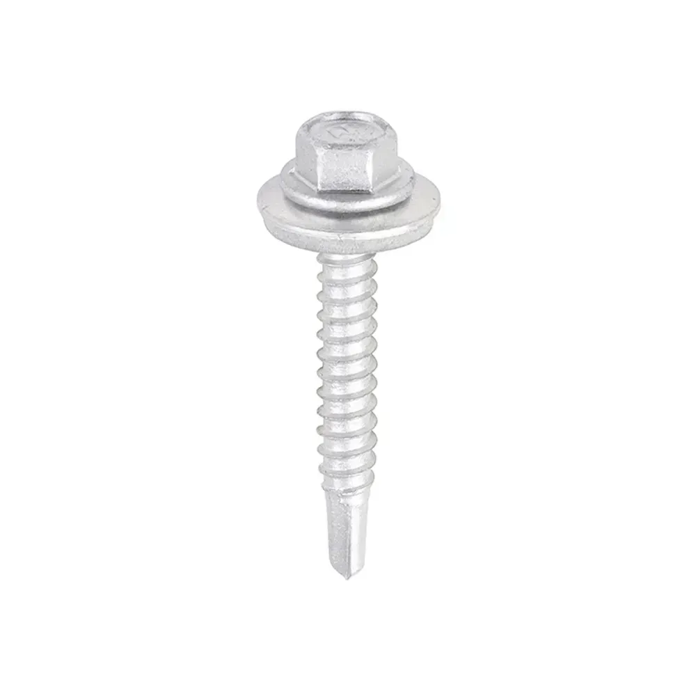 5.5 x 38mm hex head self-drilling screw with EPDM washer and silver organic finish.