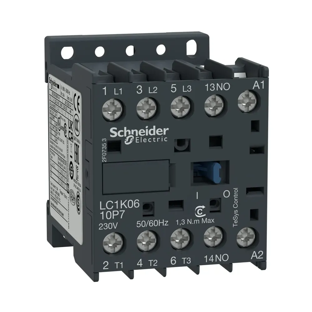 Front view of Schneider TeSys K LC1K0610P7 3-pole mini contactor