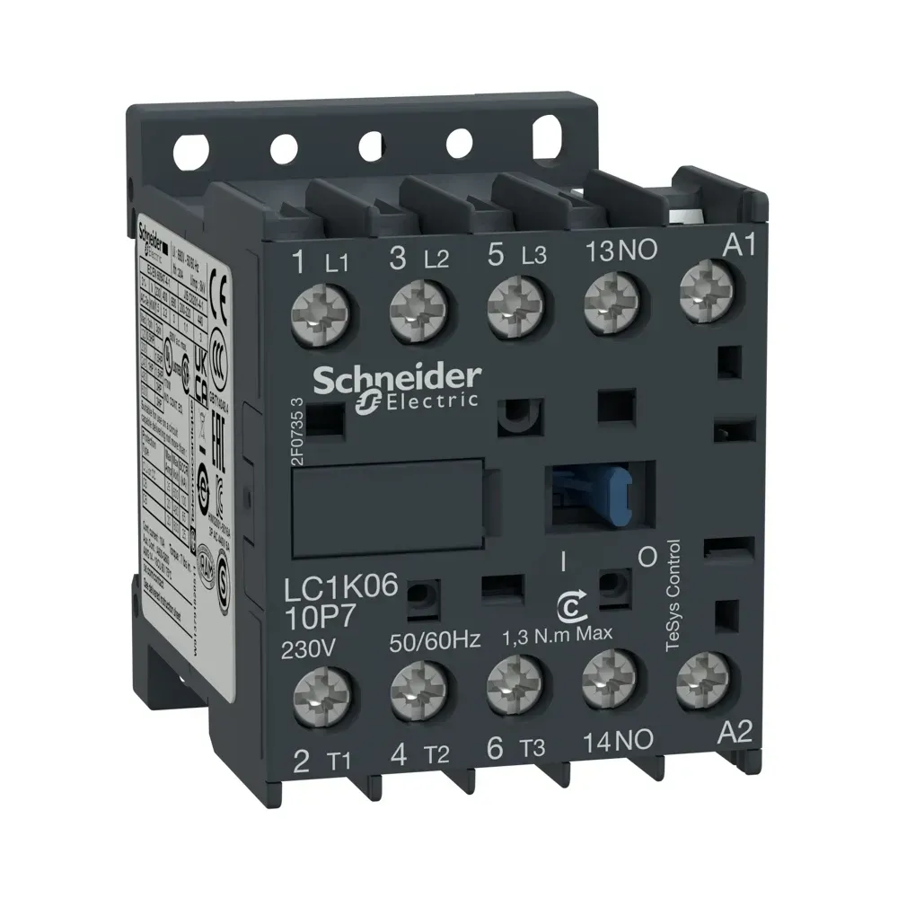 Front view of Schneider TeSys K mini contactor LC1K1210B7 showing 3 power poles and auxiliary contact