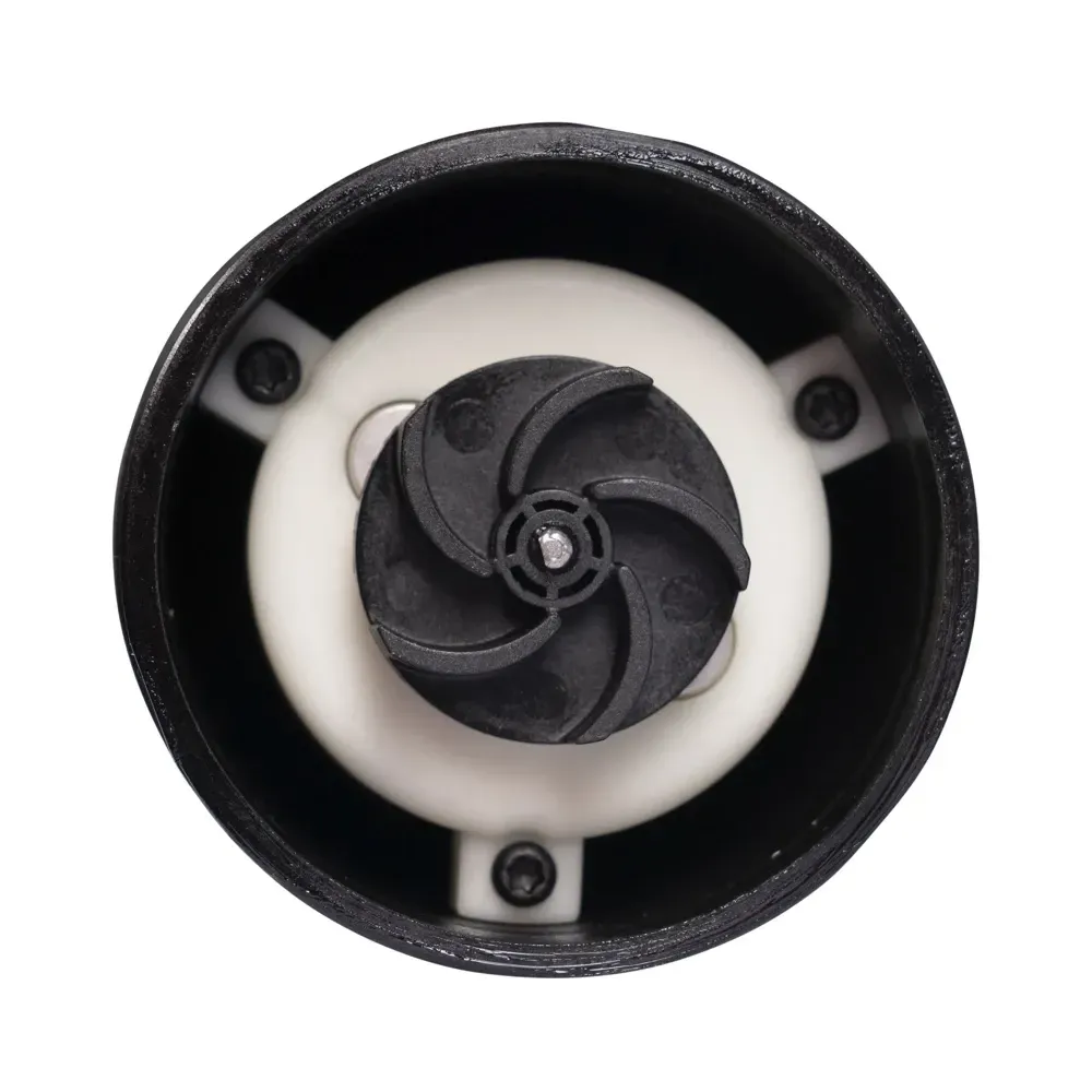 A detailed front view close-up of the Milwaukee M12-BSWP  HYDROPASS™ unique filter system on the M12™ pump, emphasizing its debris-prevention capabilities