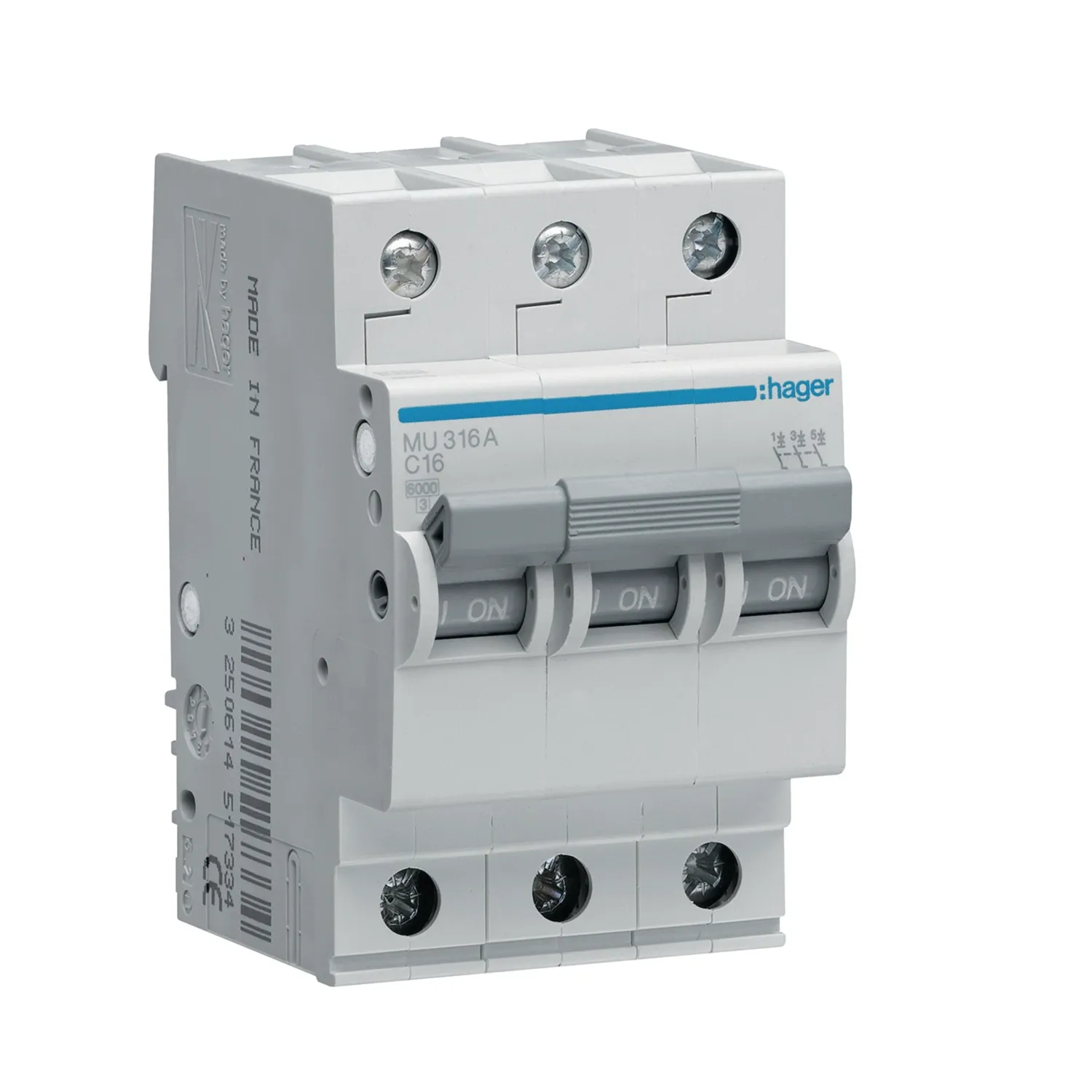 Hager MU316A 16A 3P C-Curve MCB 6kA 3 Module