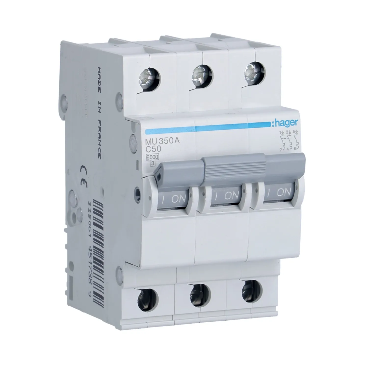 Hager MU350A 50A 3P C-Curve MCB 6kA 3 Module
