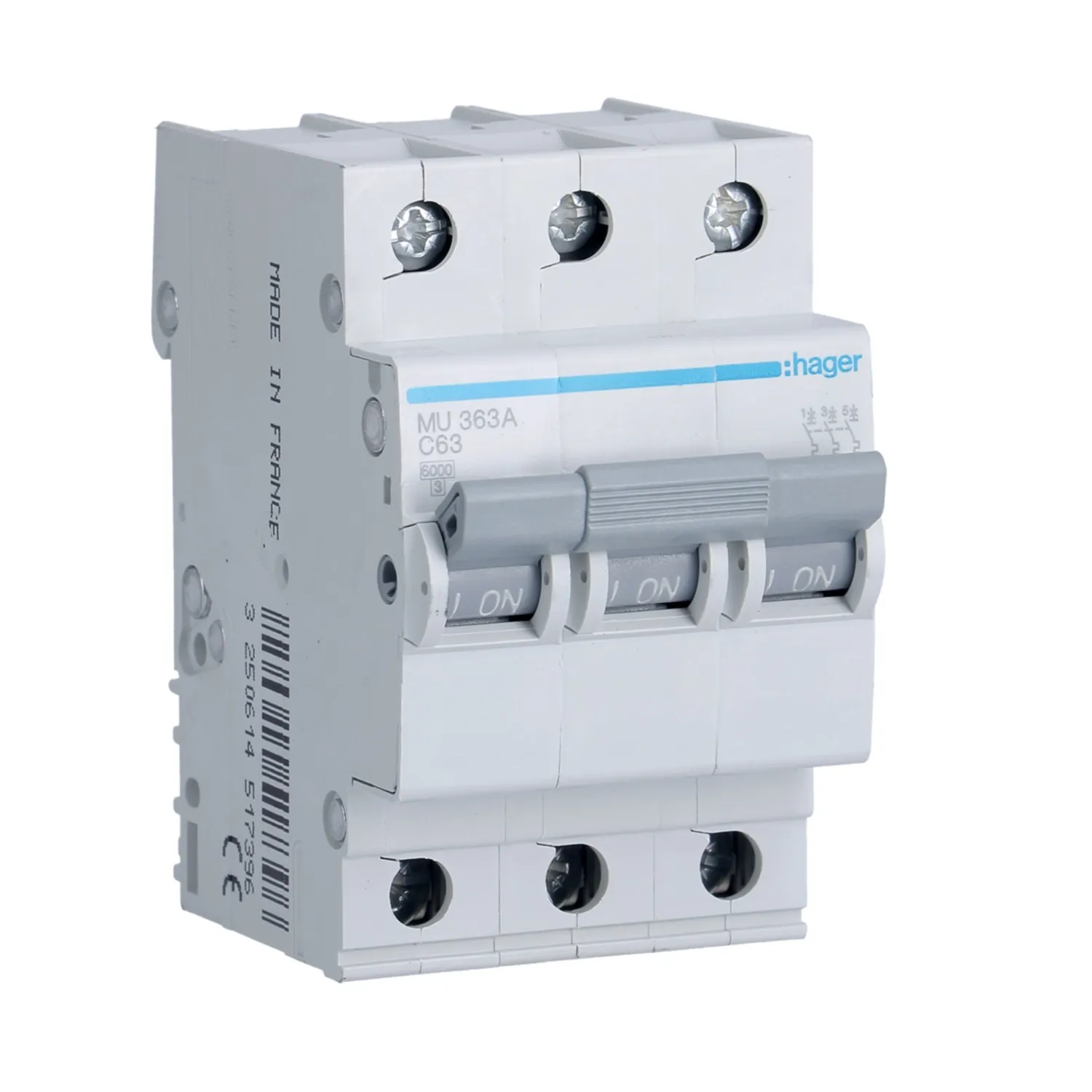 Hager MU363A 63A 3P C-Curve MCB 6kA 3 Module