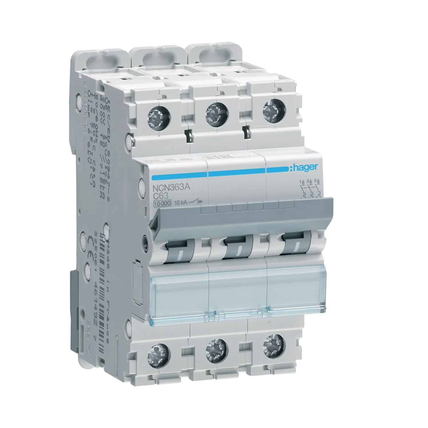 Hager NCN363A 63A 3P C-Curve MCB 10kA 3-Module DIN