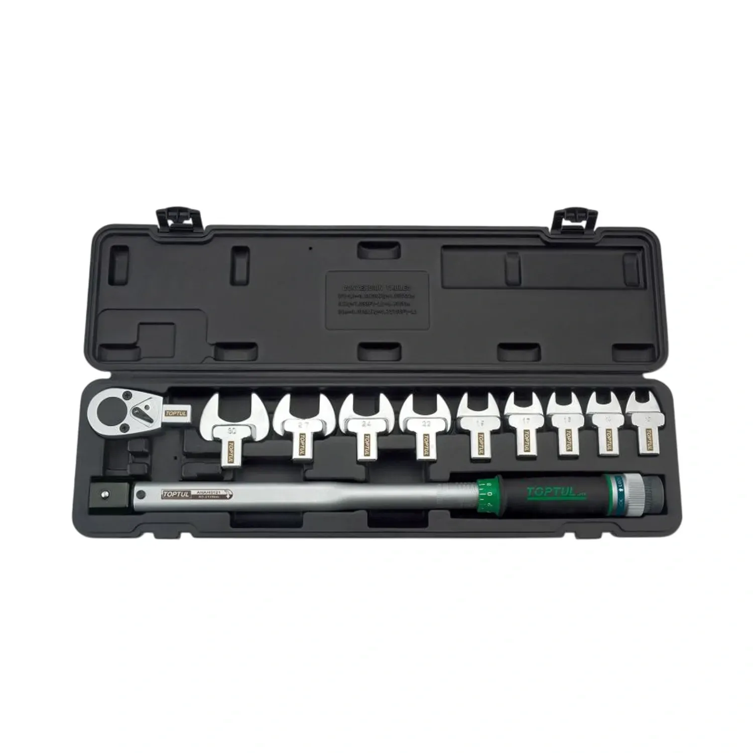 11pcs 1/2 inch torque wrench set with blow case and spanner heads displayed