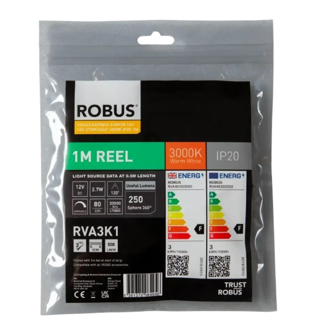 RVA3K1 - Robus Vegas Express 4.8w/m 12v LED Striplight 3000k IP20 1m