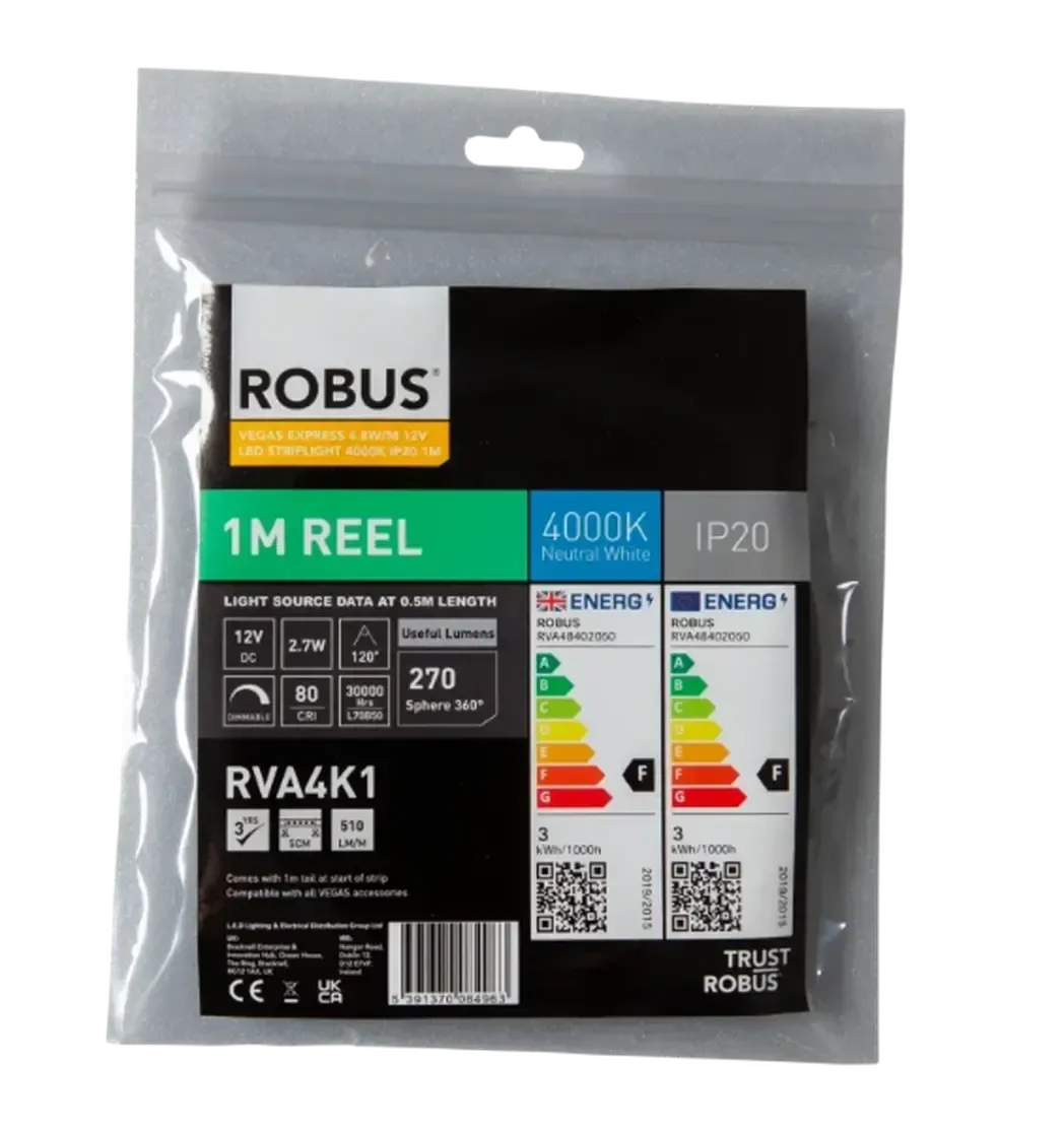 RVA4K1 - Robus Vegas Express 4.8W/m 12V LED Striplight 4000K IP20 1m