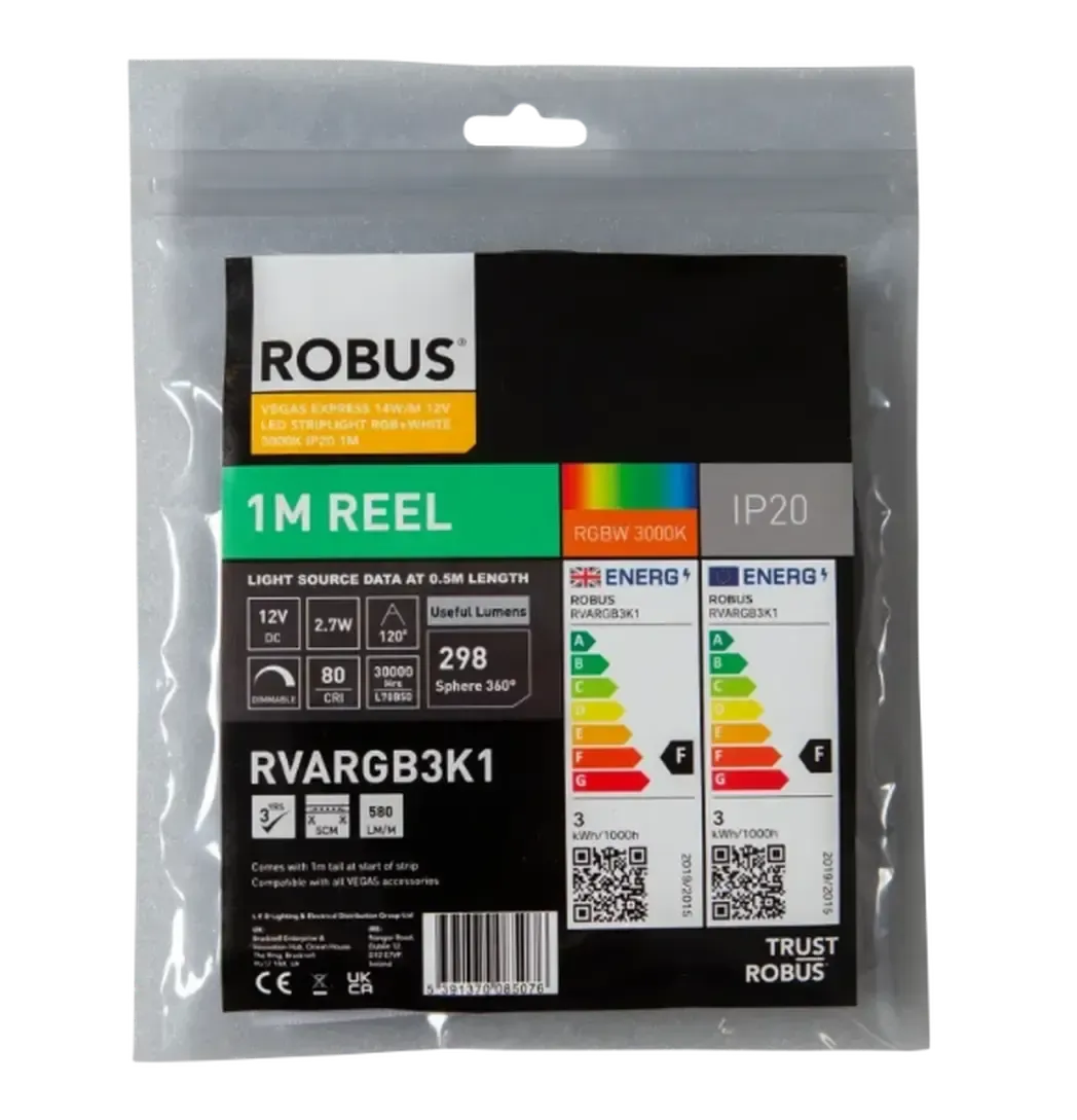 RVARGB3K1 - Robus Vegas Express 14W/m 12V LED Striplight RGB+White 3000K IP20 1m