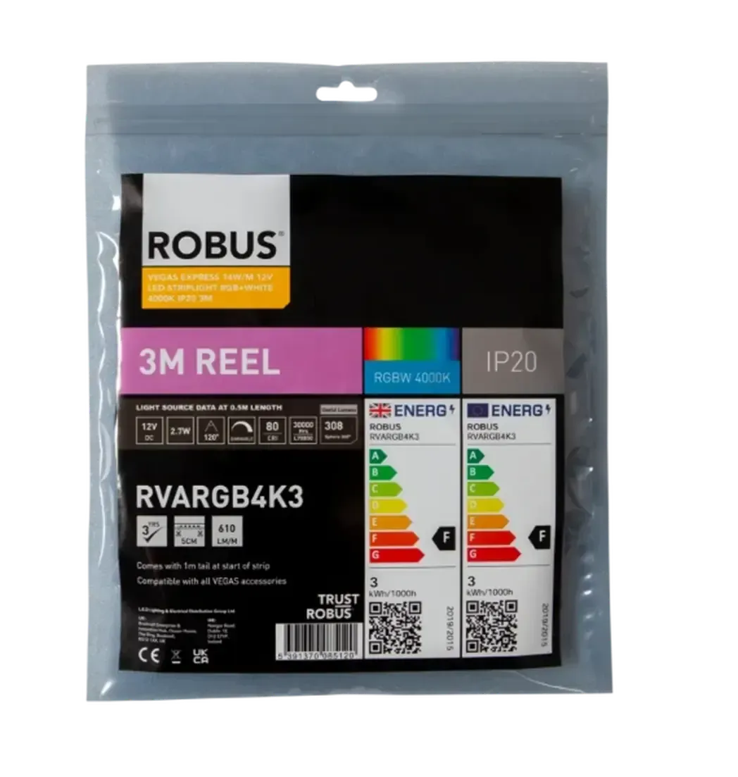 RVARGB4K3 - Robus Vegas Express 14W/m 12V LED Striplight RGB+White 4000K IP20 3m