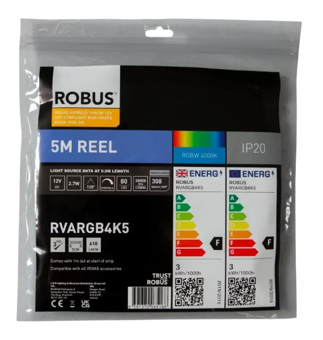 RVARGB4K5 - Robus Vegas Express 14W/M 12V LED Striplight RGB+White 4000K IP20 5M