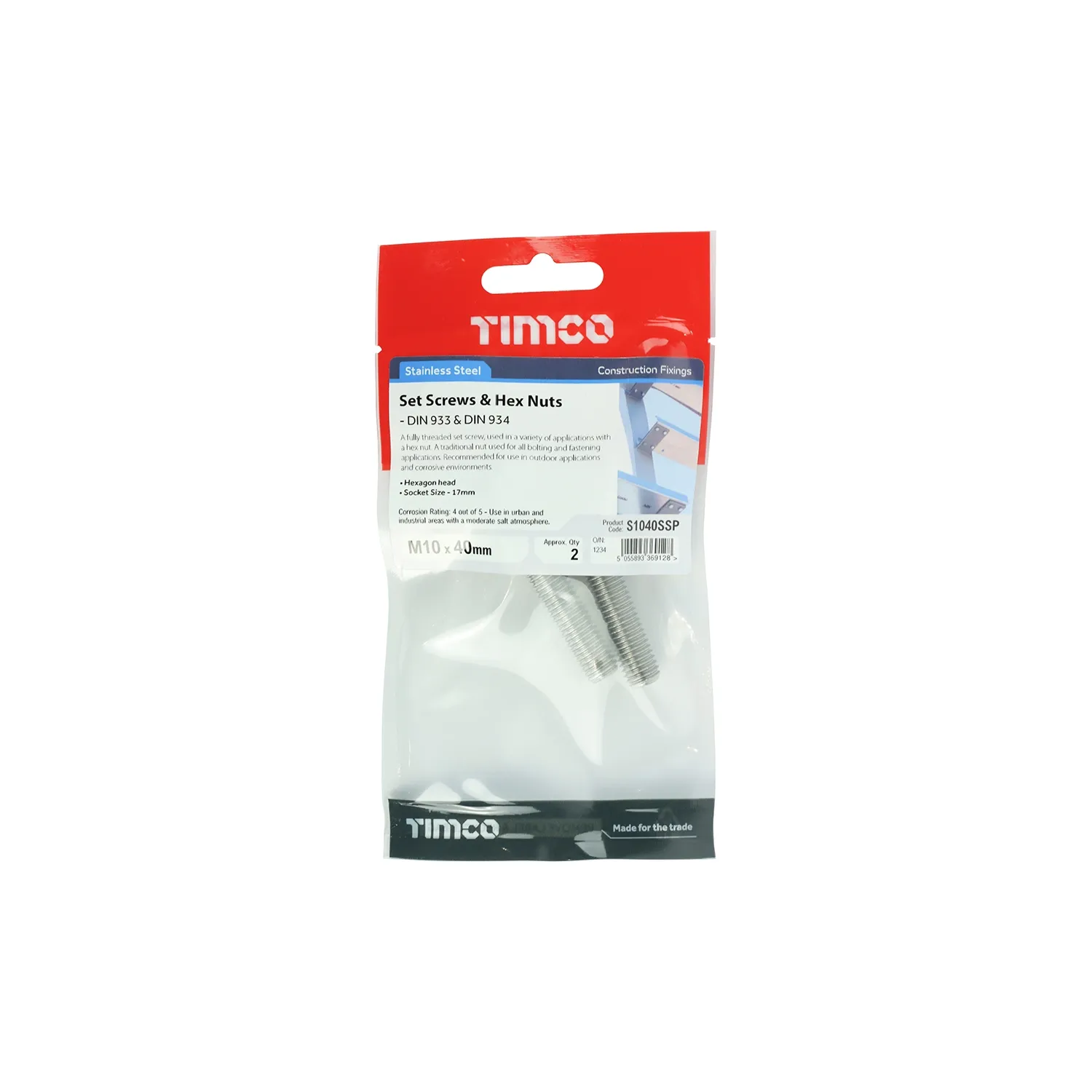 Set Screws and Nuts M10x40mm Stainless Steel S1040SSP