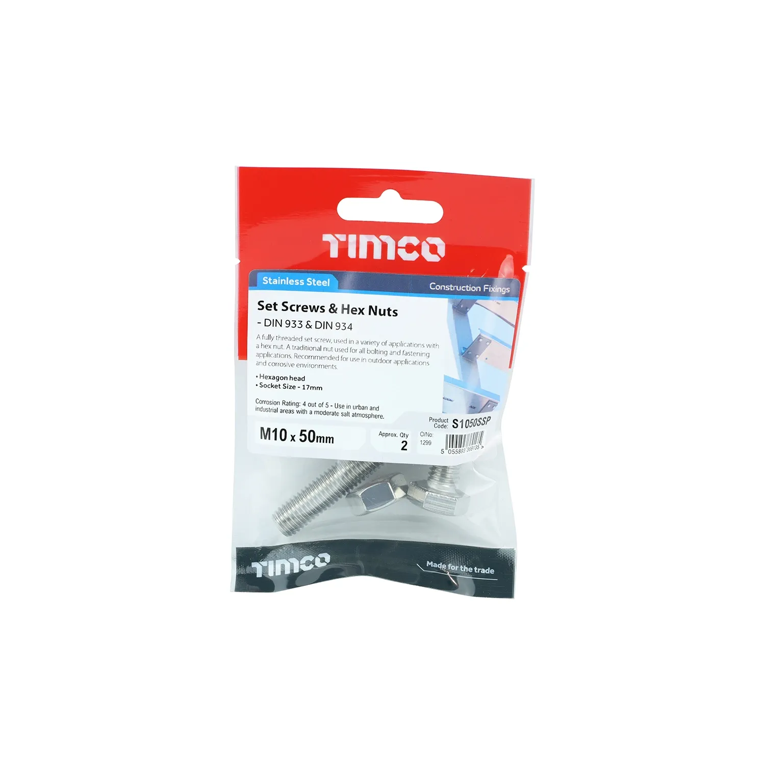 Set Screws and Nuts M10x50mm Stainless Steel S1050SSP