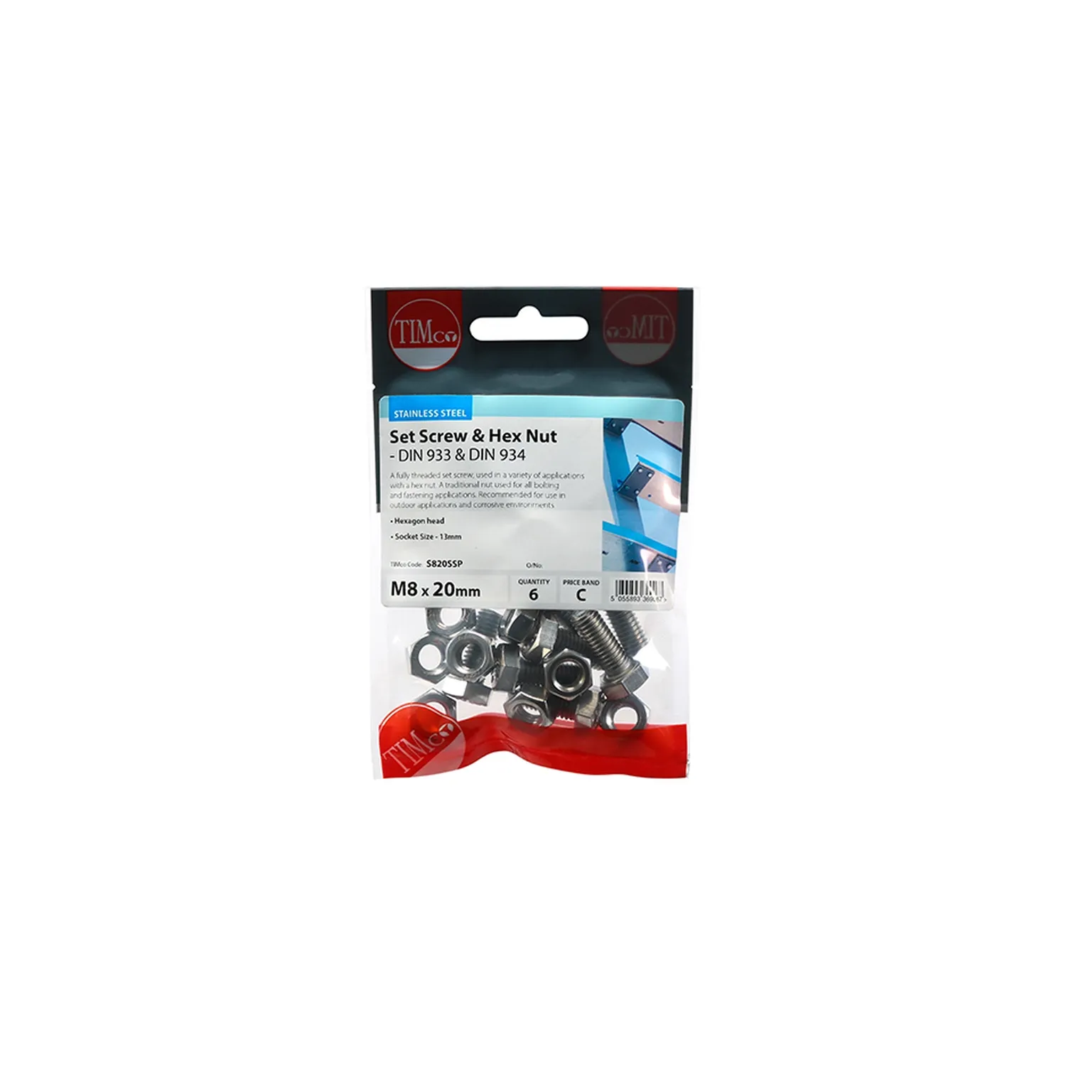 Set Screws and Nuts M8x20mm Stainless Steel S820SSP