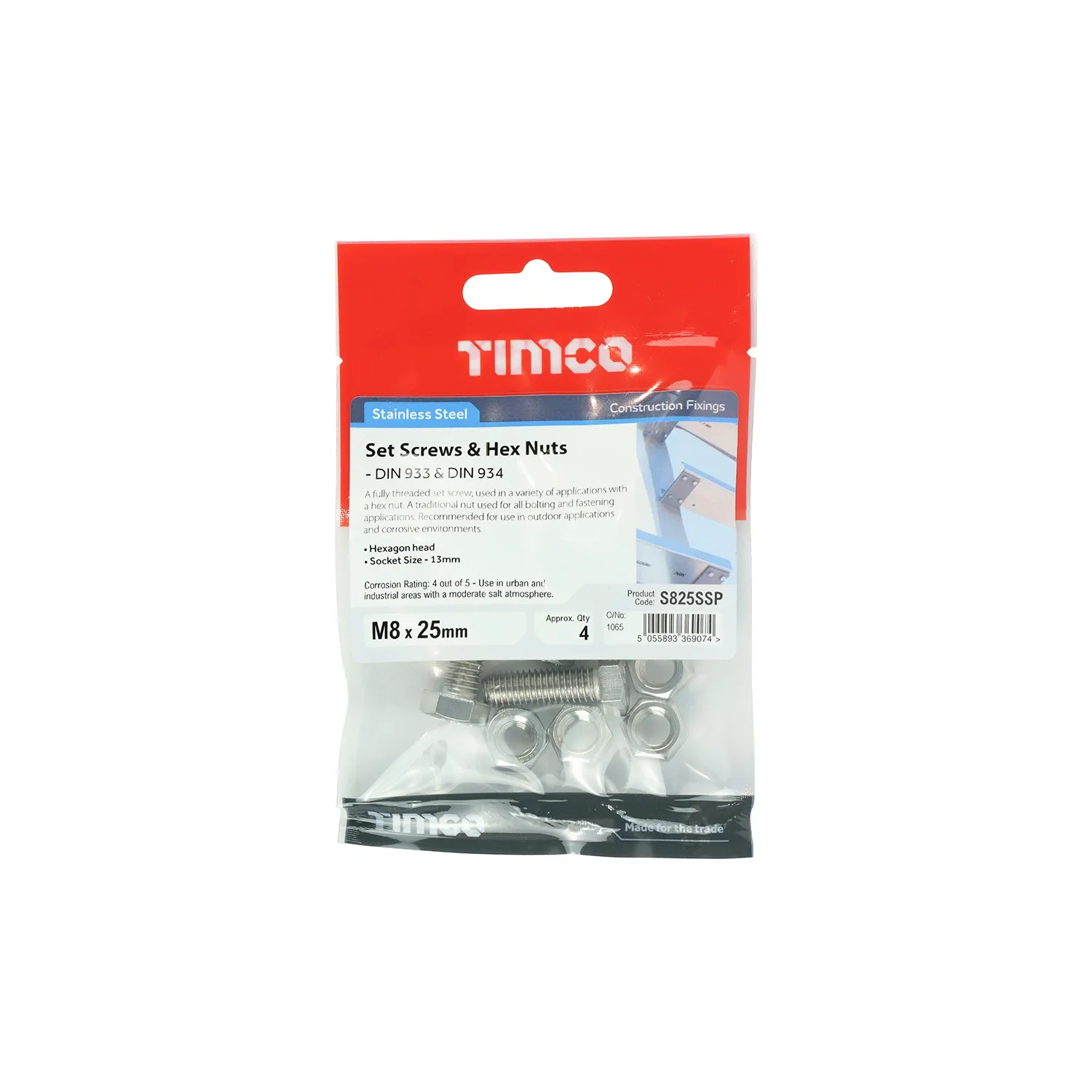 Set Screws and Nuts M8x25mm Stainless Steel S825SSP