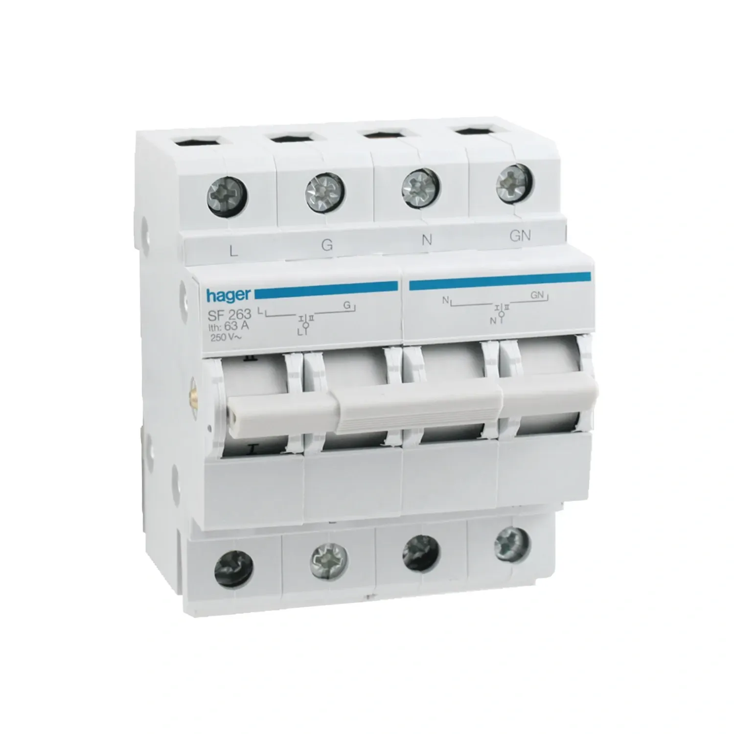 Hager 63A 2 pole changeover switch DIN rail mounted front view detail