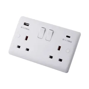 Wall-mounted 13A double socket in white, with dual switches and USB charging options