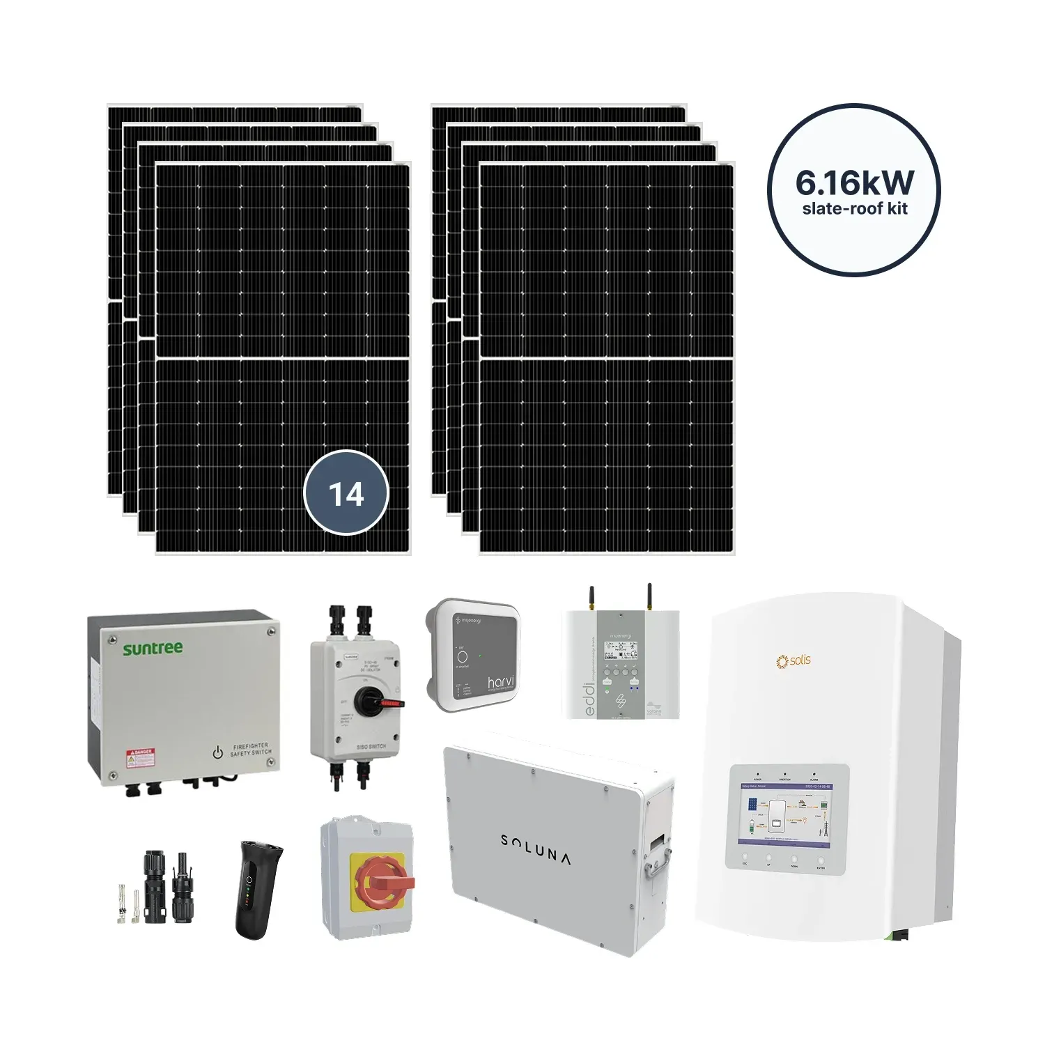 6.16kW solar kit for slate roofs: 14 monocrystalline panels, Solis 5.0kW hybrid inverter, Soluna 5K battery, eddi energy diverter, harvi sensor, firefighter switch, DC isolator, and MC4 connectors