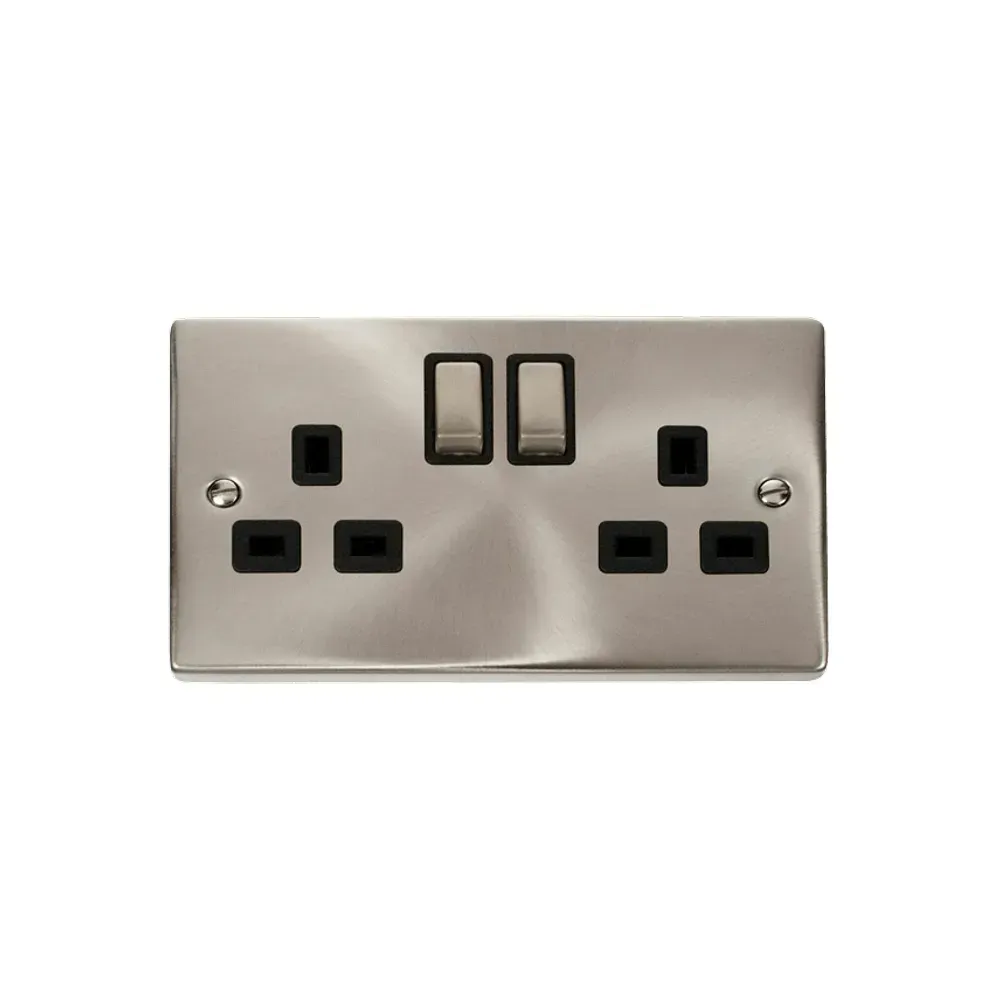 Click Ingot Satin Chrome 2 Gang DP Switched Socket with Black Insert