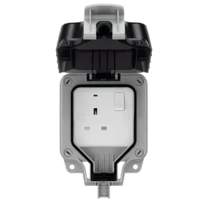 Waterproof 13 amp socket for garden or garage use.