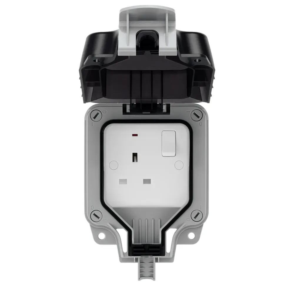 Waterproof 13 amp socket for garden or garage use.