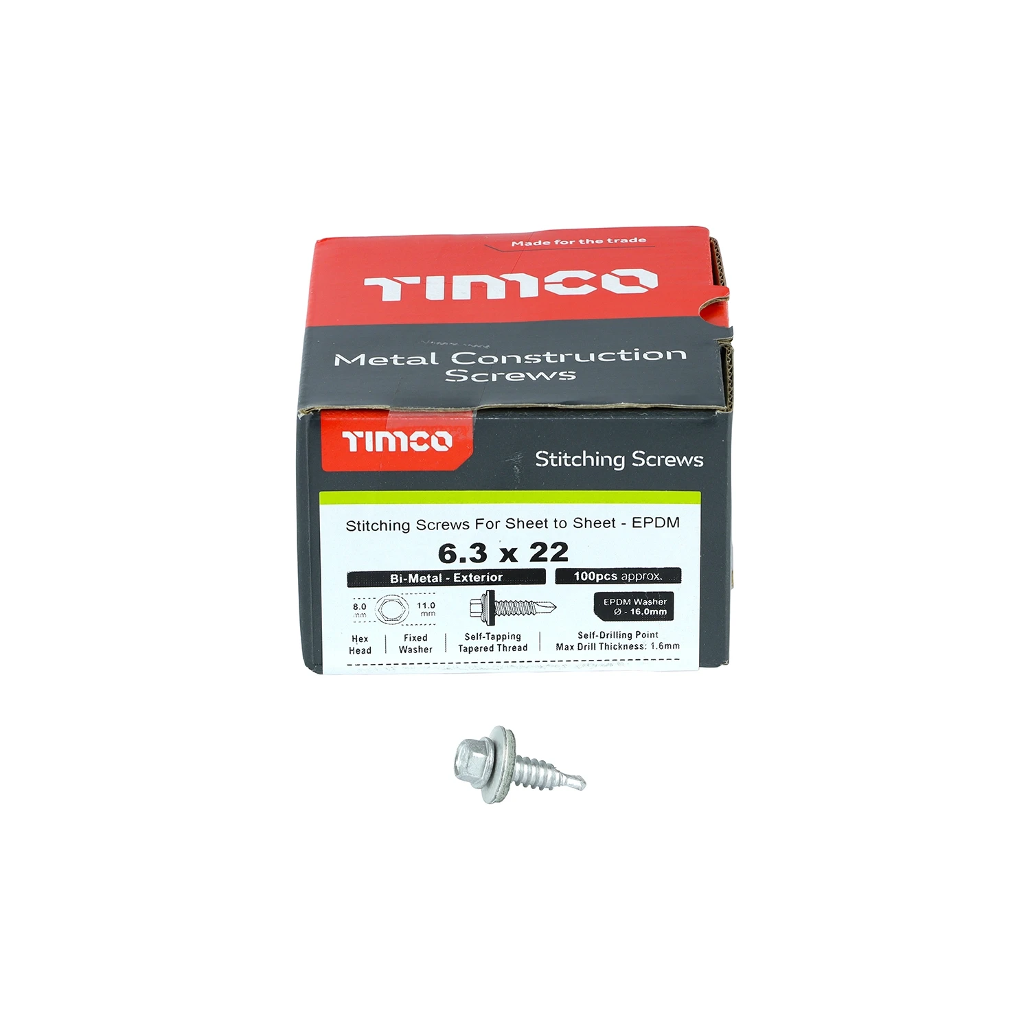 Timco BMS22W16 Metal Stitching Screw EPDM Washer Bi-Metal 6.3x22mm Exterior Silver Organic
