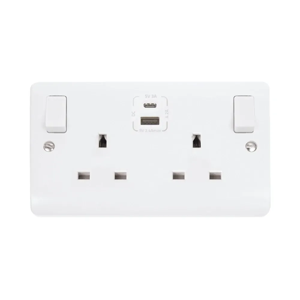 Click CMA786 white 2-gang switched socket with USB Type-A and Type-C ports
