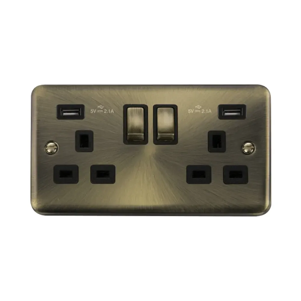 Click DPAB580BK antique brass socket with dual USB-A charging ports