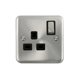 Click Deco+ satin chrome 13A single gang switched socket DPSC535BK front view