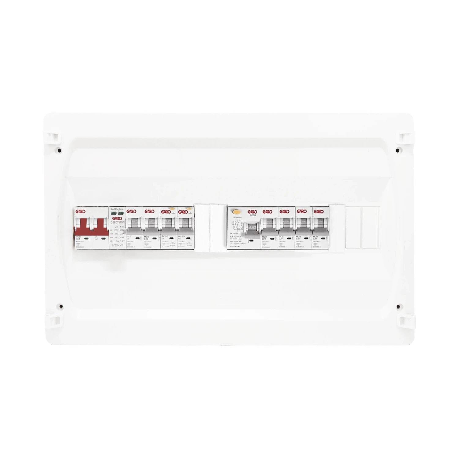 Garo Consumer Unit 18 Way Pre-Wired Main Isolator 8 Way RCCB 2 RCBO SPD IP40