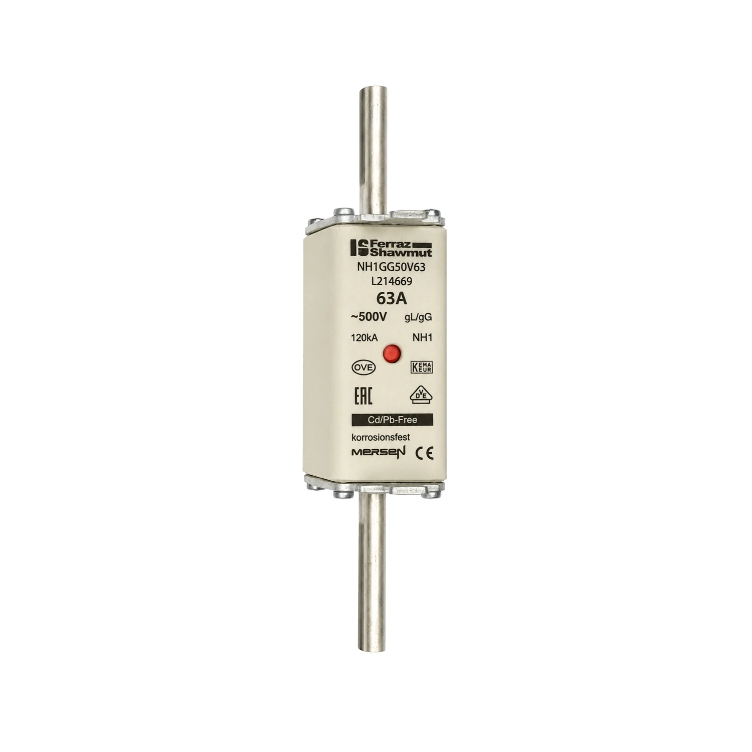 NH1 gG 63A 500V AC Fuse-Link Size 1 Double Indicator Ceramic