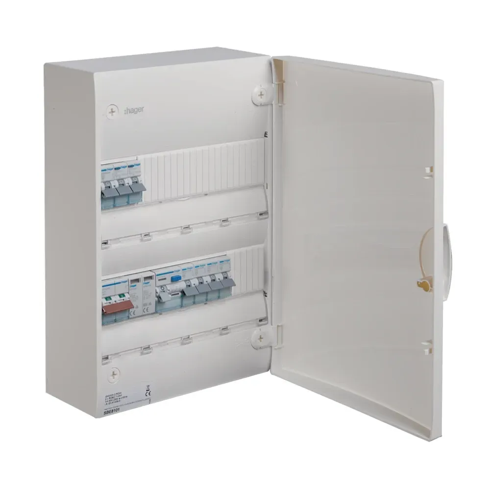 Hager SBE8101SPD, 2 row, 26 module, pre-wired consumer unit with 63ARCD, 6A RCBOs, 20A-32A MCBs, 