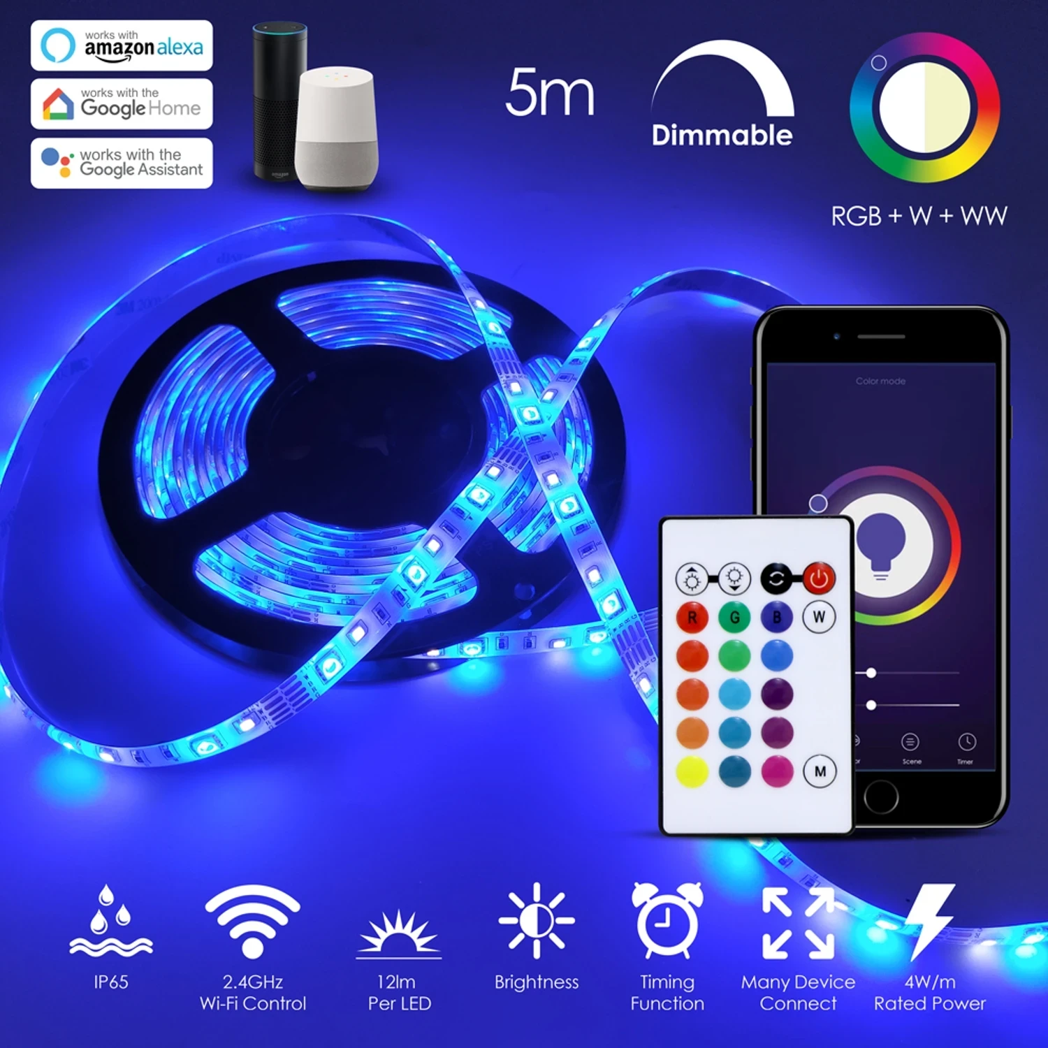EnerJ Smart WiFi LED Tape Kit RGBCW CCT IP65 5m 12V 4W/m 240lm/m