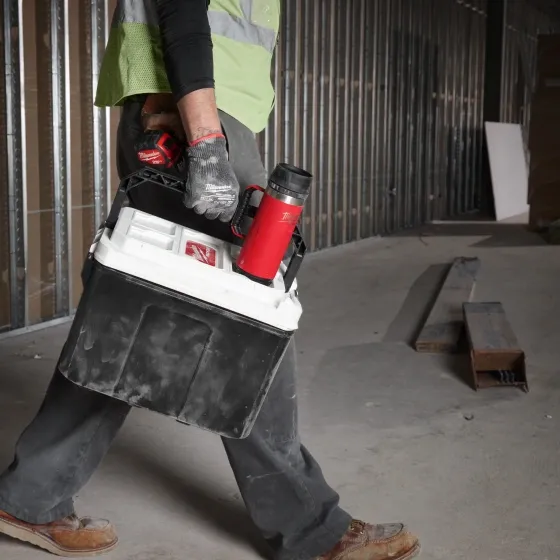 Milwaukee tumbler stacked on tool box